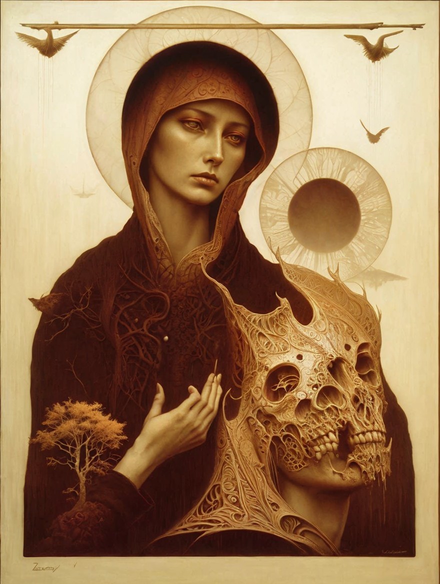 Ethereal painting of woman with halo and carved skull, birds, and golden sun