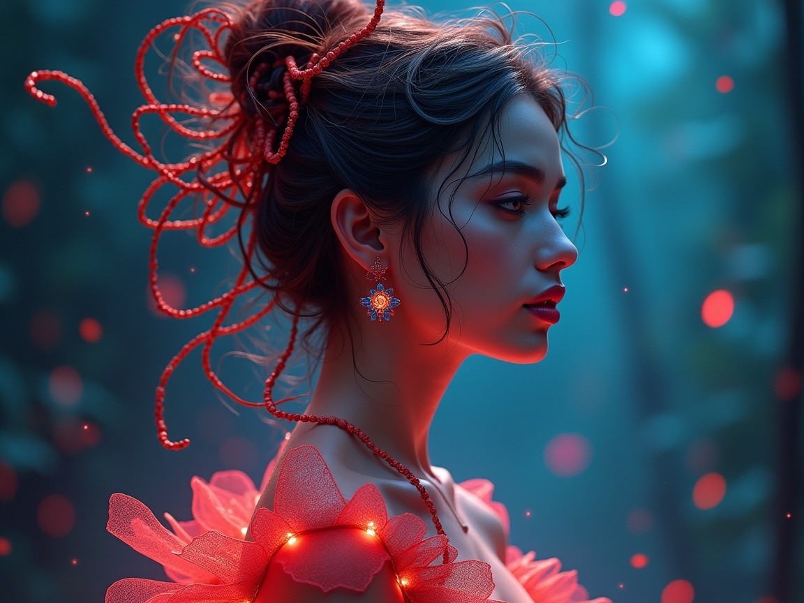 Young Woman in Profile with Red Accessories and Dress