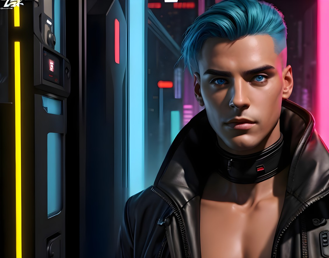 Portrait of a Young Man with Blue Hair and Neon Lights