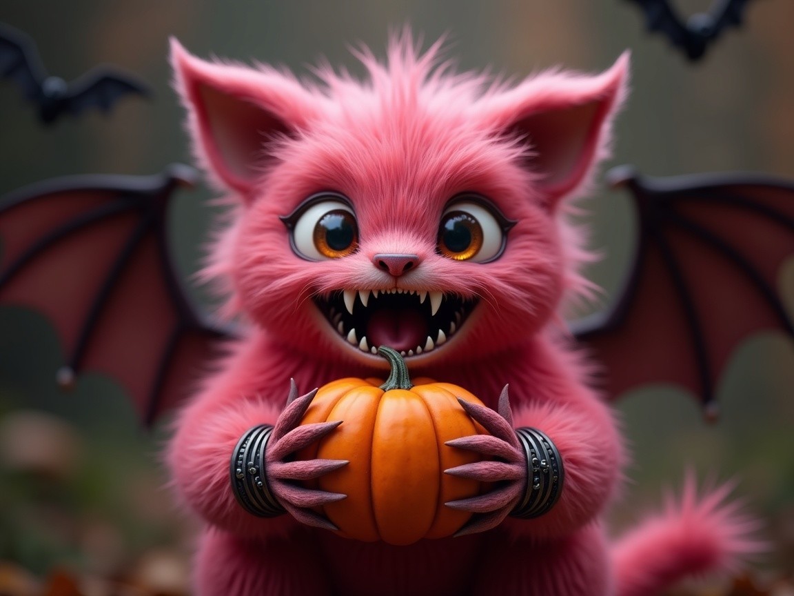 Whimsical Creature with Pink Fur and Pumpkin