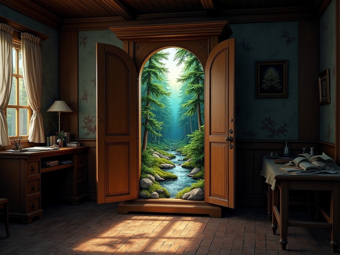 Cozy Wooden Room with Forest View and Classic Decor