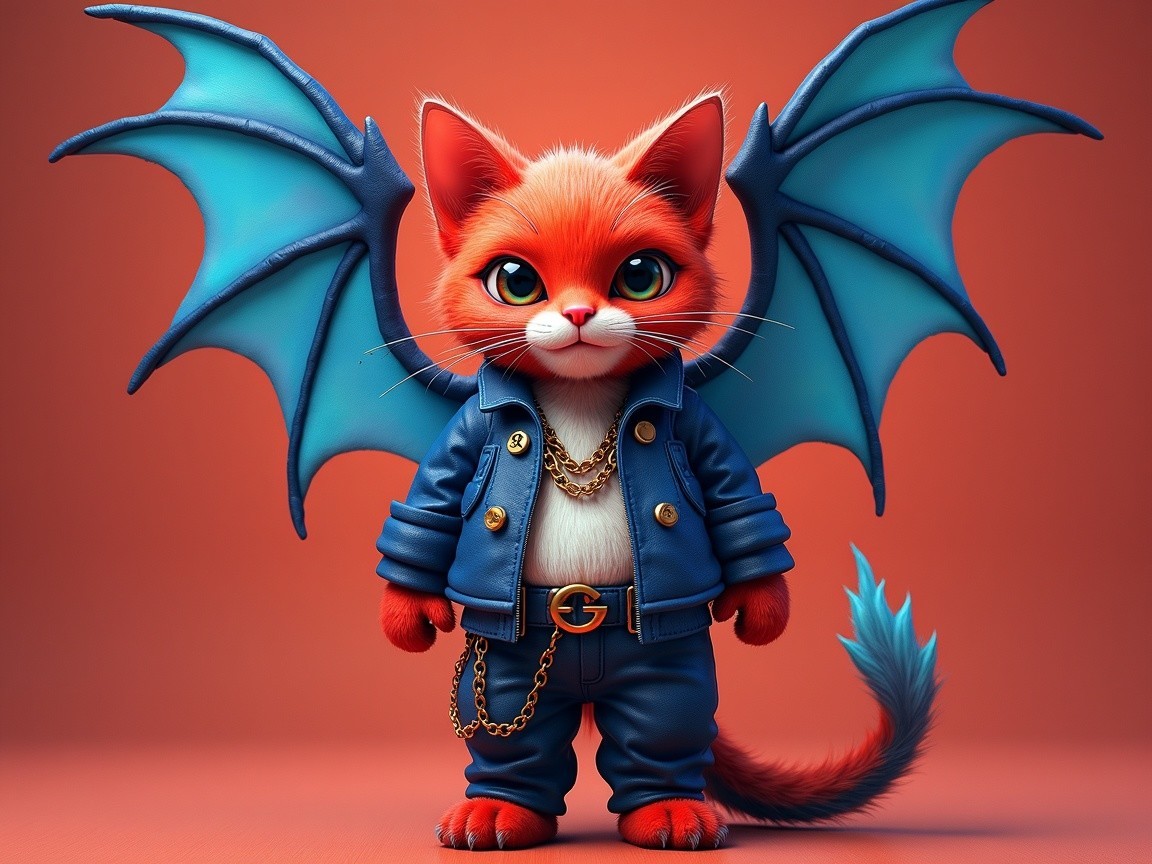 Whimsical Orange Cat with Blue Dragon Wings and Jacket