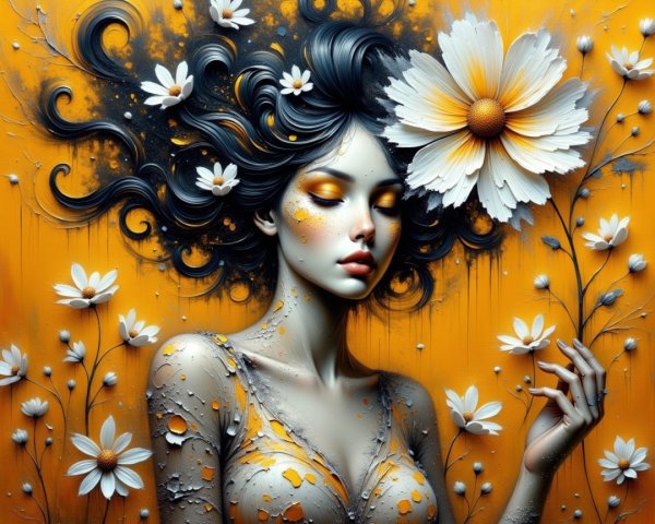 Woman with Black Hair and White Flowers on Orange Background