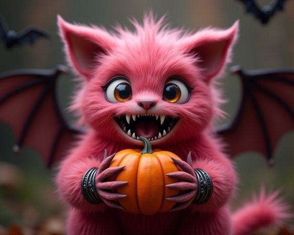 Whimsical Creature with Pink Fur and Pumpkin