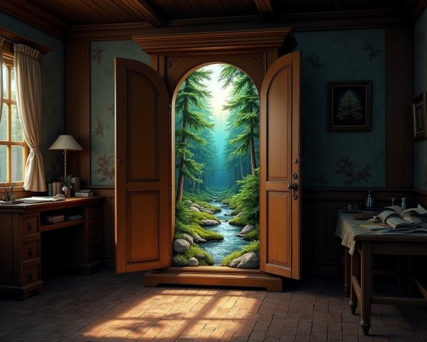 Cozy Wooden Room with Forest View and Classic Decor