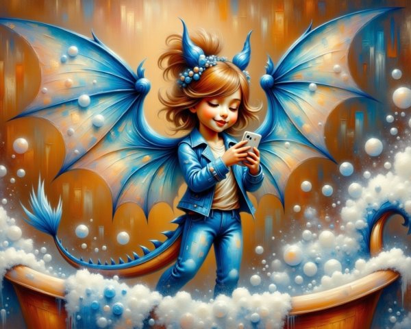 Young Girl with Blue Dragon Wings in Bathtub Scene