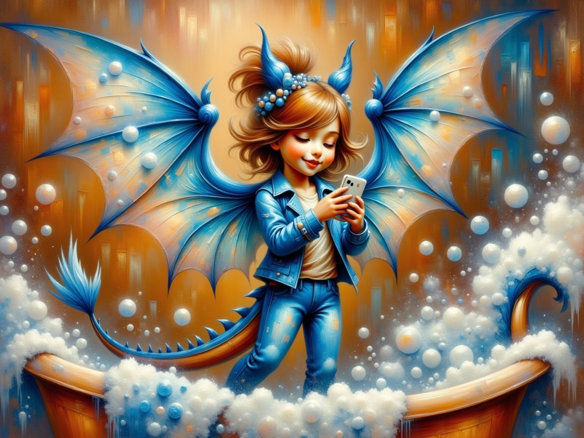 Young Girl with Blue Dragon Wings in Bathtub Scene