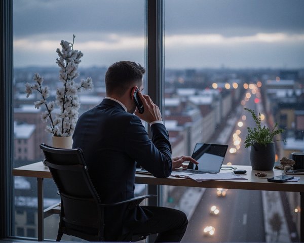 Businessman in High-Rise Office with City View