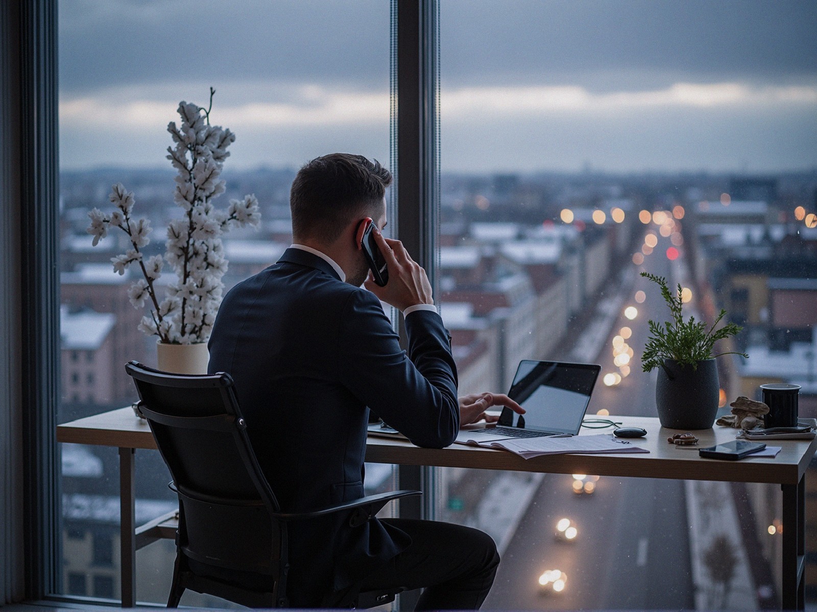 Businessman in High-Rise Office with City View
