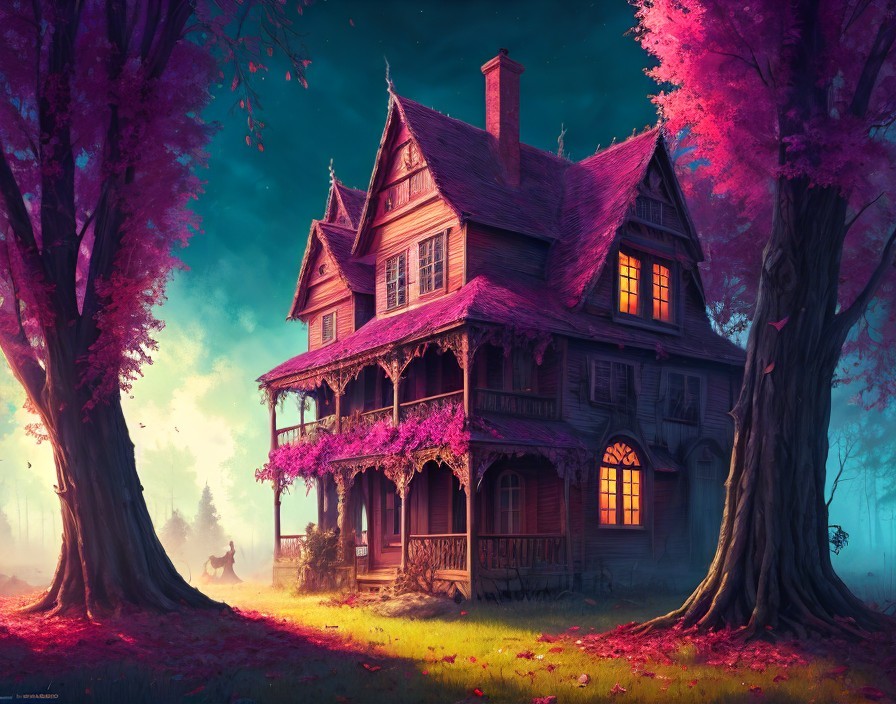 Victorian-style house in mystical forest with vibrant pink and purple foliage