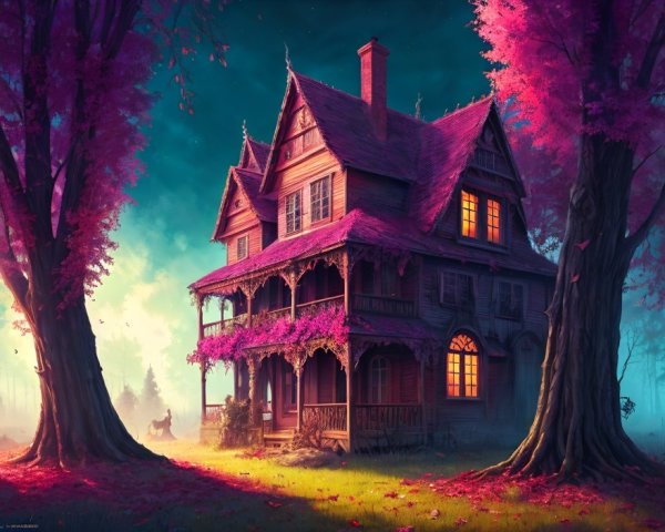 Victorian-style house in mystical forest with vibrant pink and purple foliage