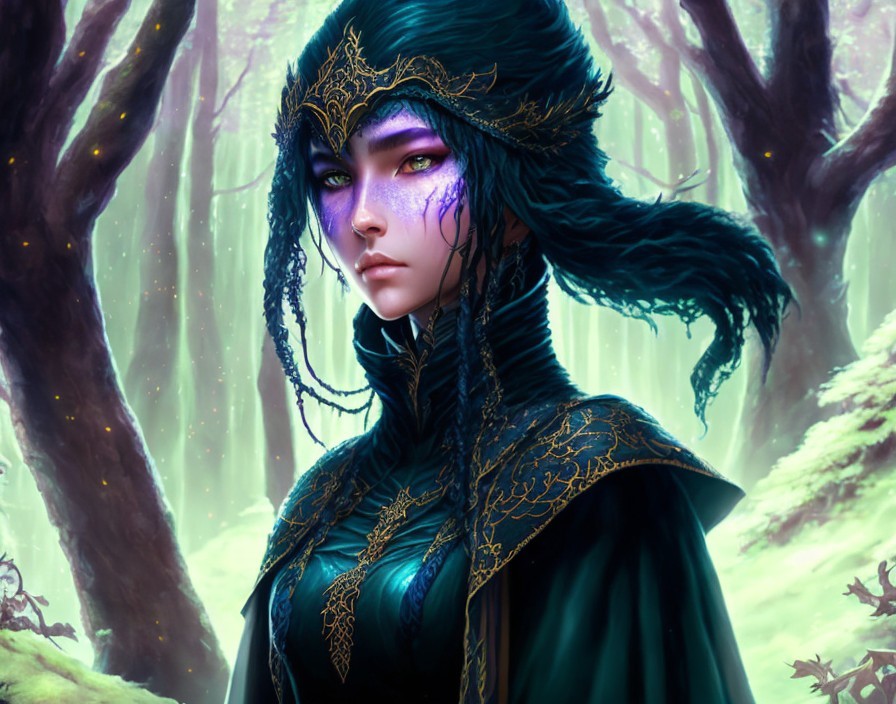 Purple-skinned female elf in dark armor in enchanted forest