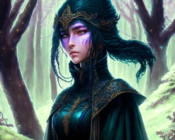 Purple-skinned female elf in dark armor in enchanted forest