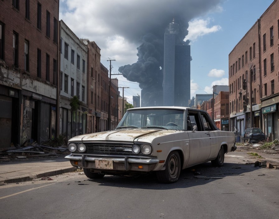 Abandoned car on rundown street with smoking skyscraper in the background