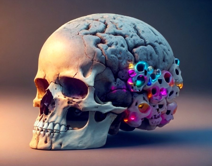 Split human skull: one side normal, other half adorned with colorful jewels