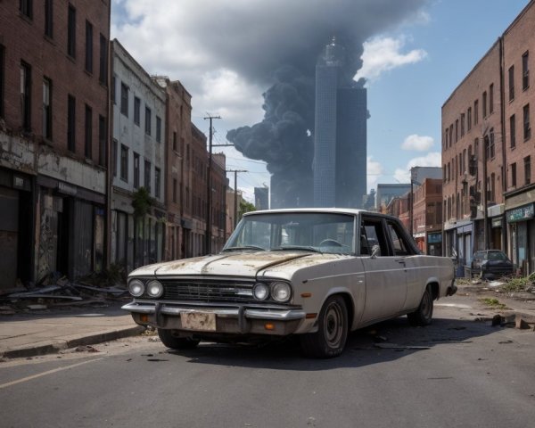 Abandoned car on rundown street with smoking skyscraper in the background