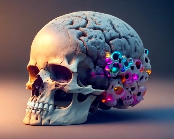 Split human skull: one side normal, other half adorned with colorful jewels