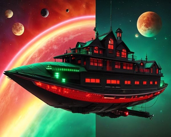Victorian-style house with futuristic elements in colorful space scene