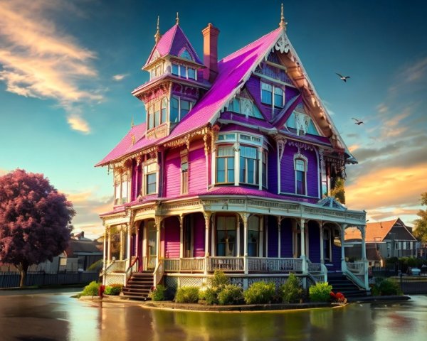 Victorian-style House in Purple Hue at Sunset Sky
