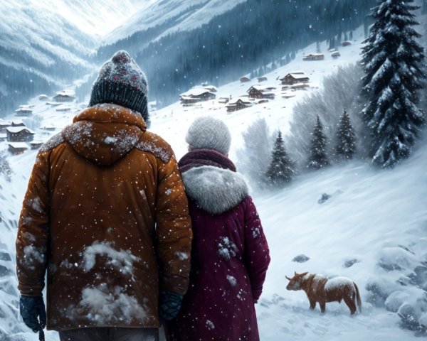Snowy village scene with two people and a dog in mountain landscape