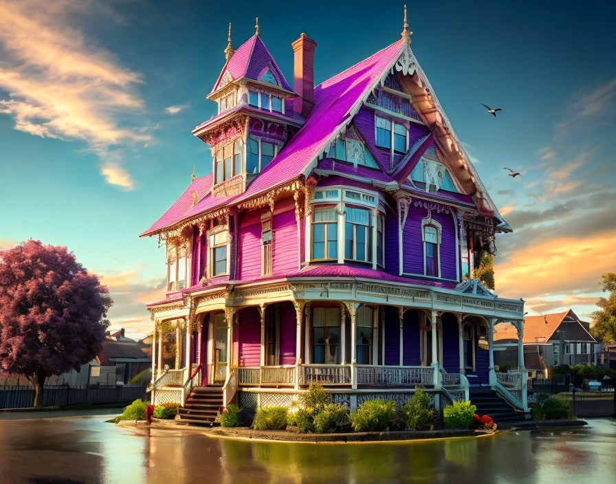 Victorian-style House in Purple Hue at Sunset Sky