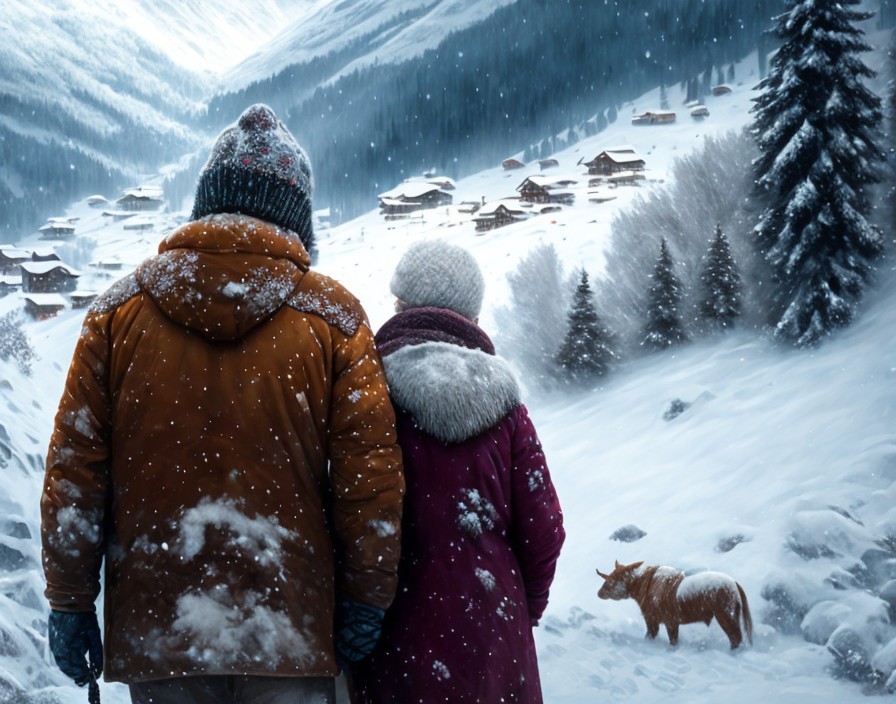 Snowy village scene with two people and a dog in mountain landscape