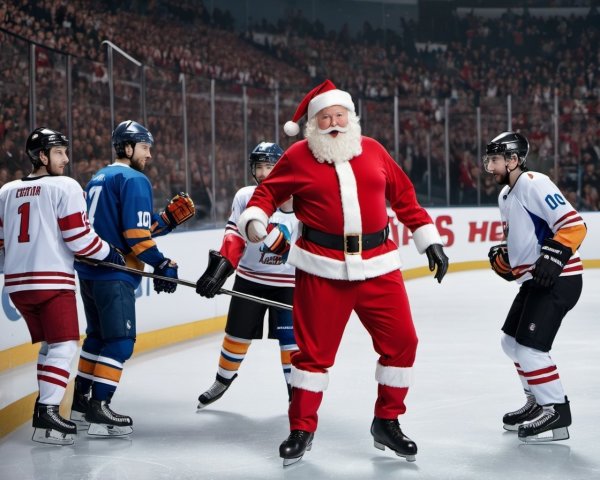 Santa Claus in red and white costume on ice rink with hockey players.