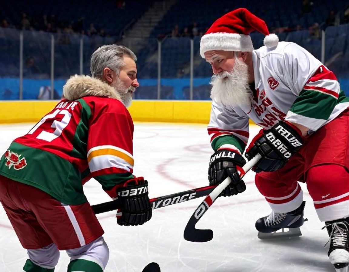 Ice hockey players in Santa hats at center ice in festive jerseys