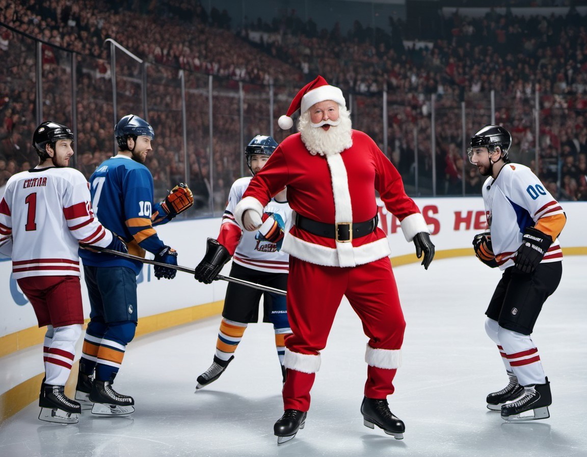 Santa Claus in red and white costume on ice rink with hockey players.