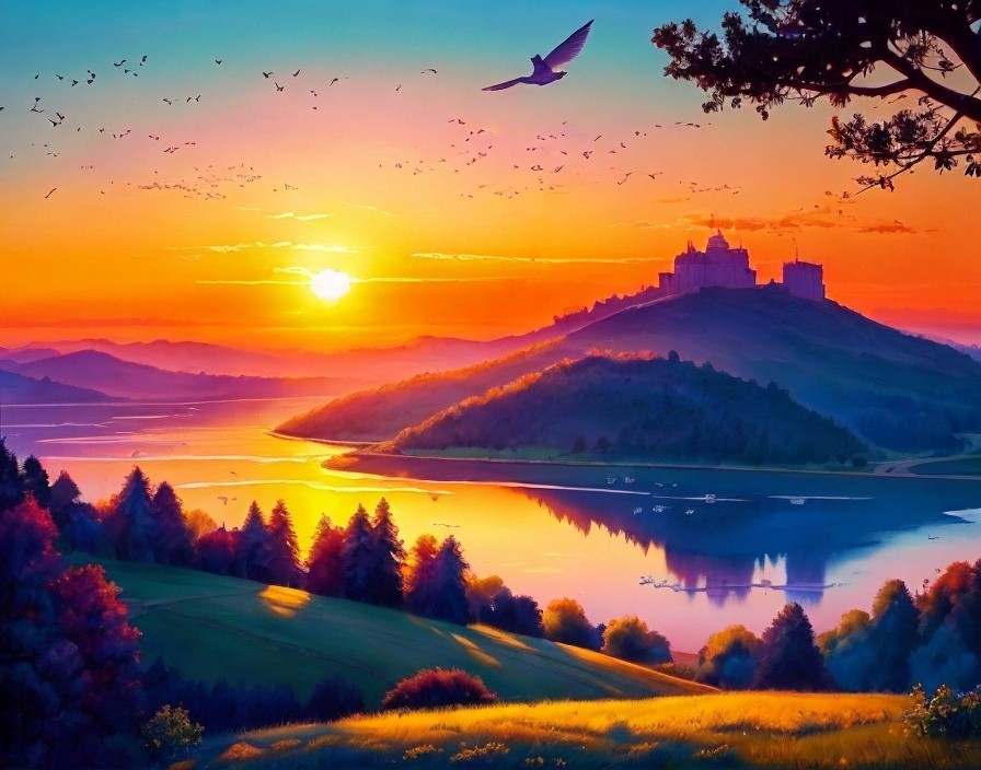 Scenic sunset over tranquil river with castle, lush greenery, birds, reflections