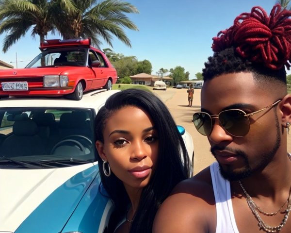 Two individuals taking a selfie with parked cars on a sunny day