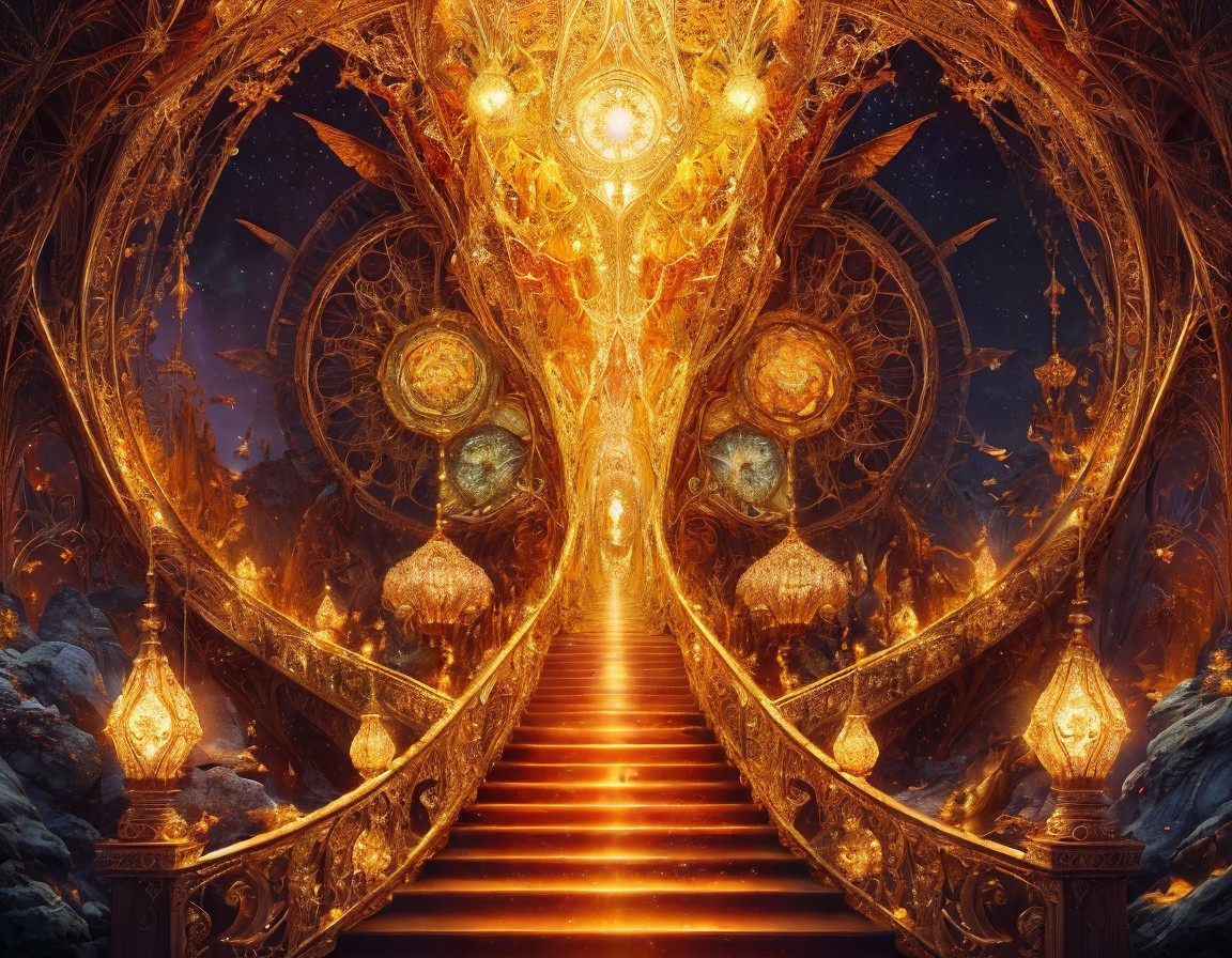 Ornate staircase with glowing lamps and golden celestial archway