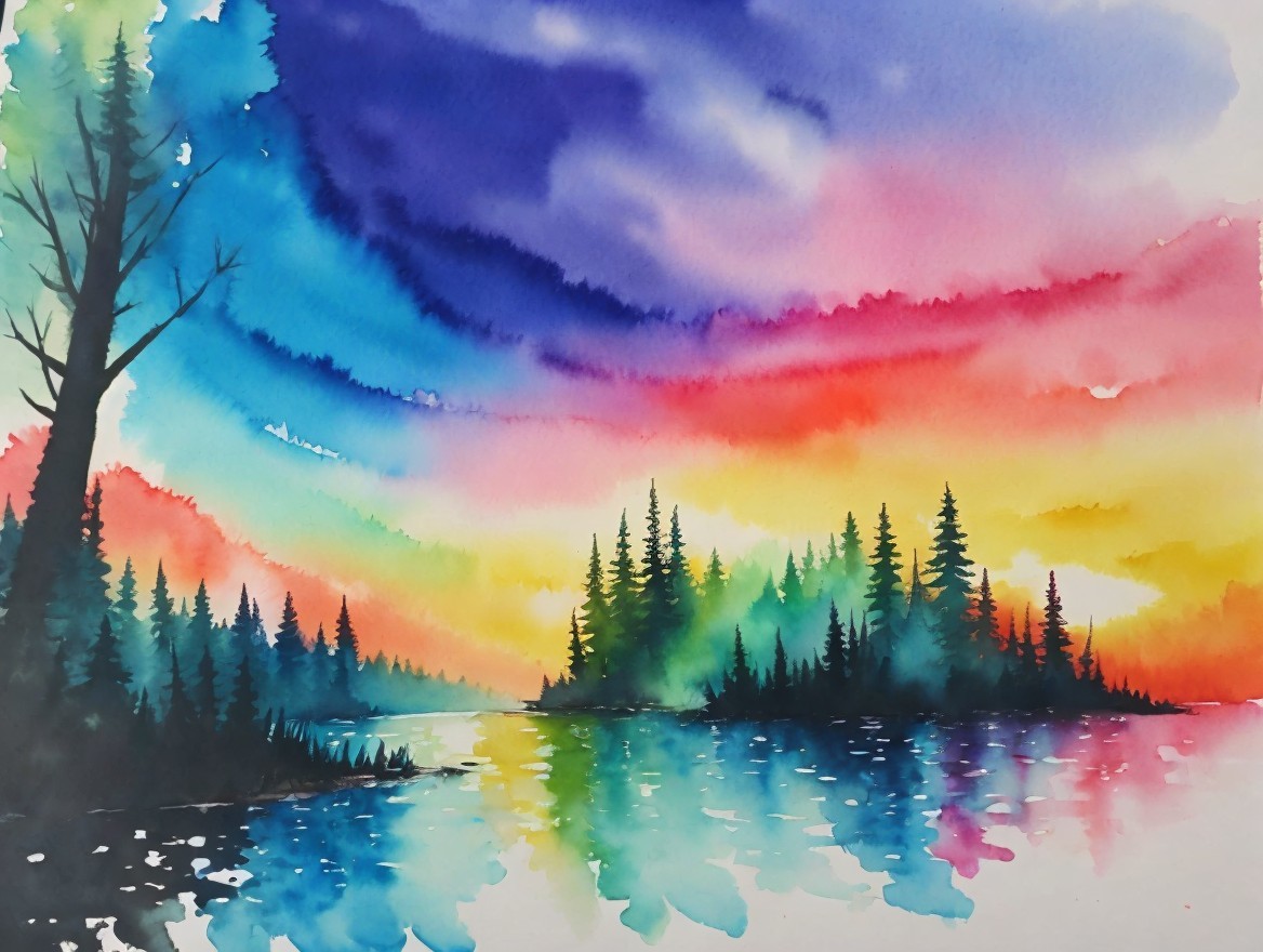 Watercolor Landscape of Lake and Pine Trees