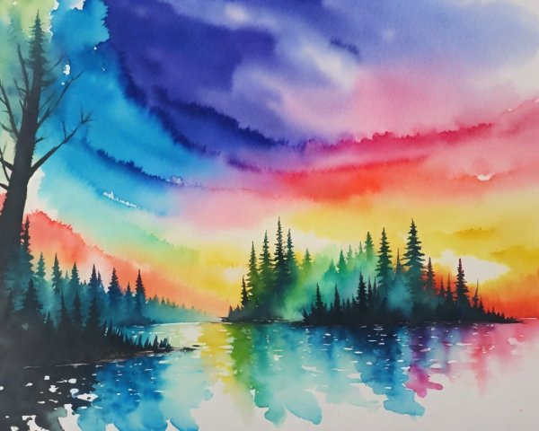 Watercolor Landscape of Lake and Pine Trees