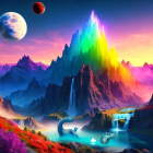 Vibrant Fantasy Landscape with Rainbow Mountains and Moons