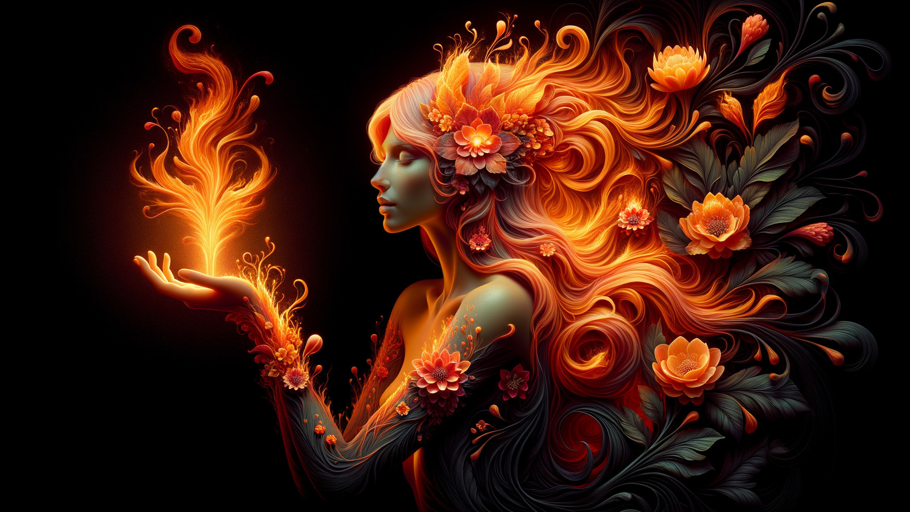 Vibrant Woman with Flowers and Flickering Flame