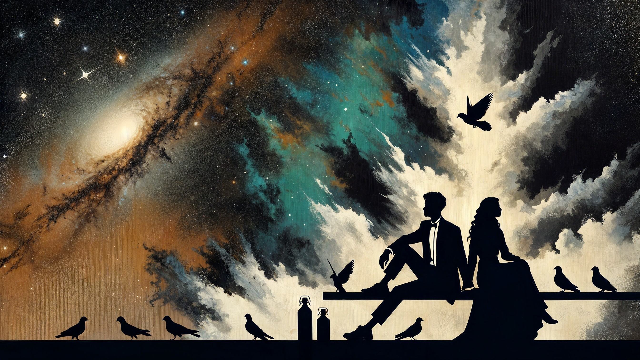 Couple in Cosmic Landscape with Pigeons and Stars