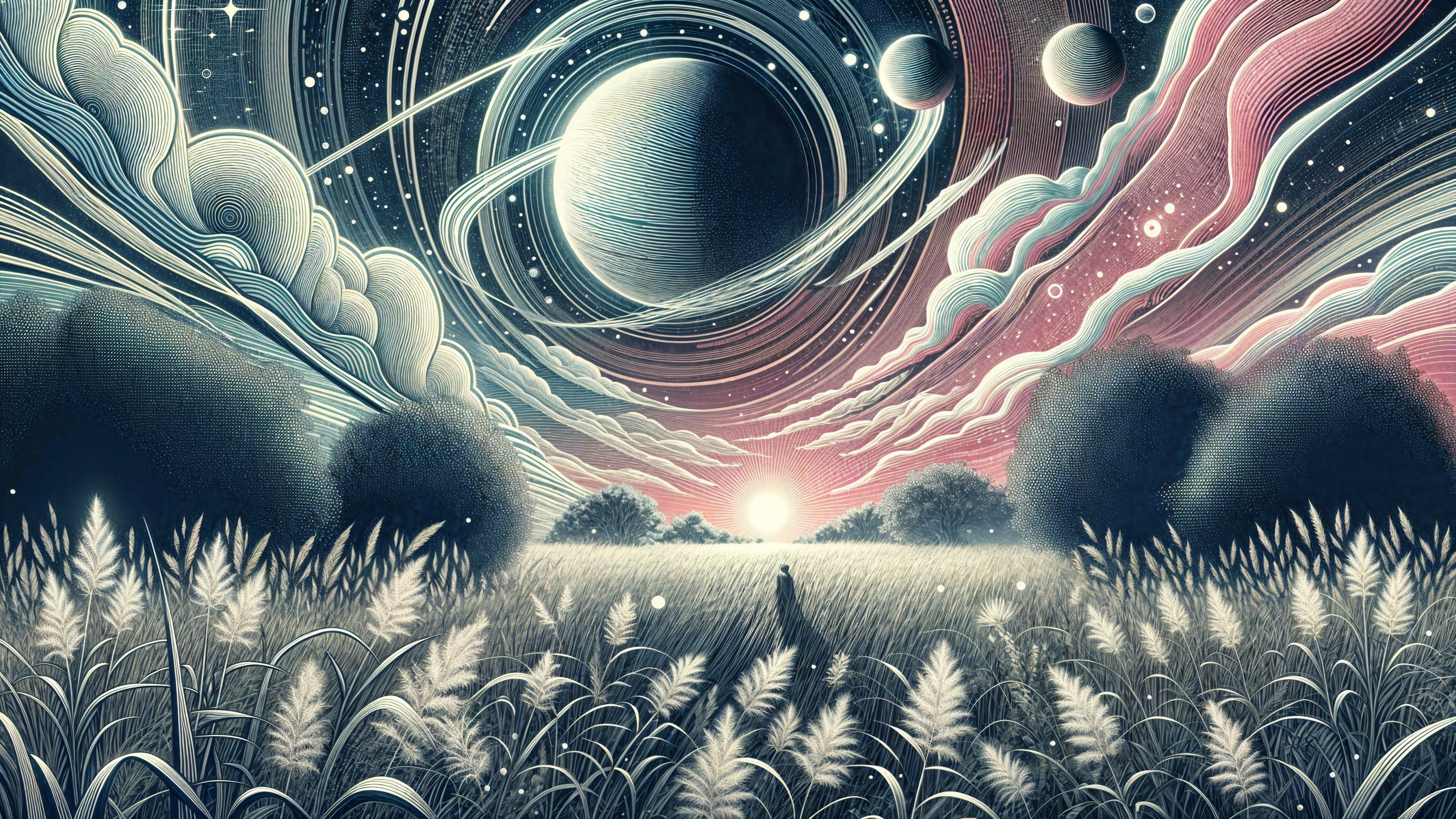 Surreal Landscape with Cosmic Elements and Solitary Figure