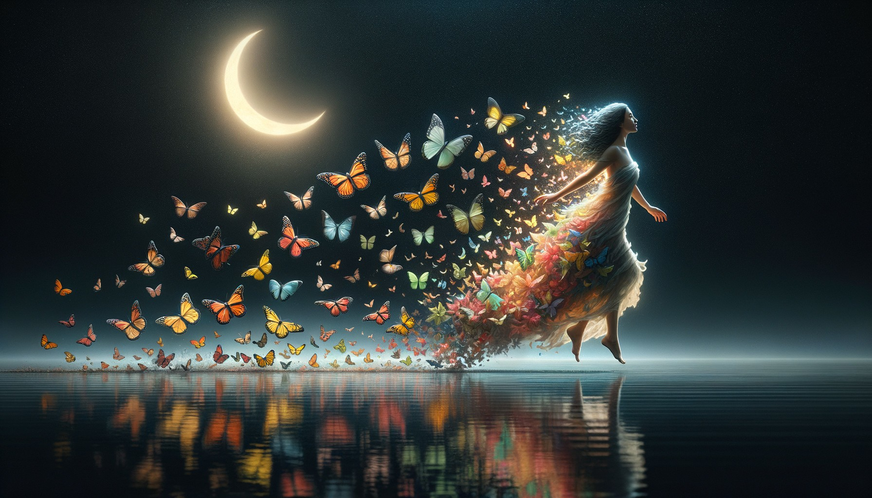 Mystical Scene of Woman Floating Over Serene Water