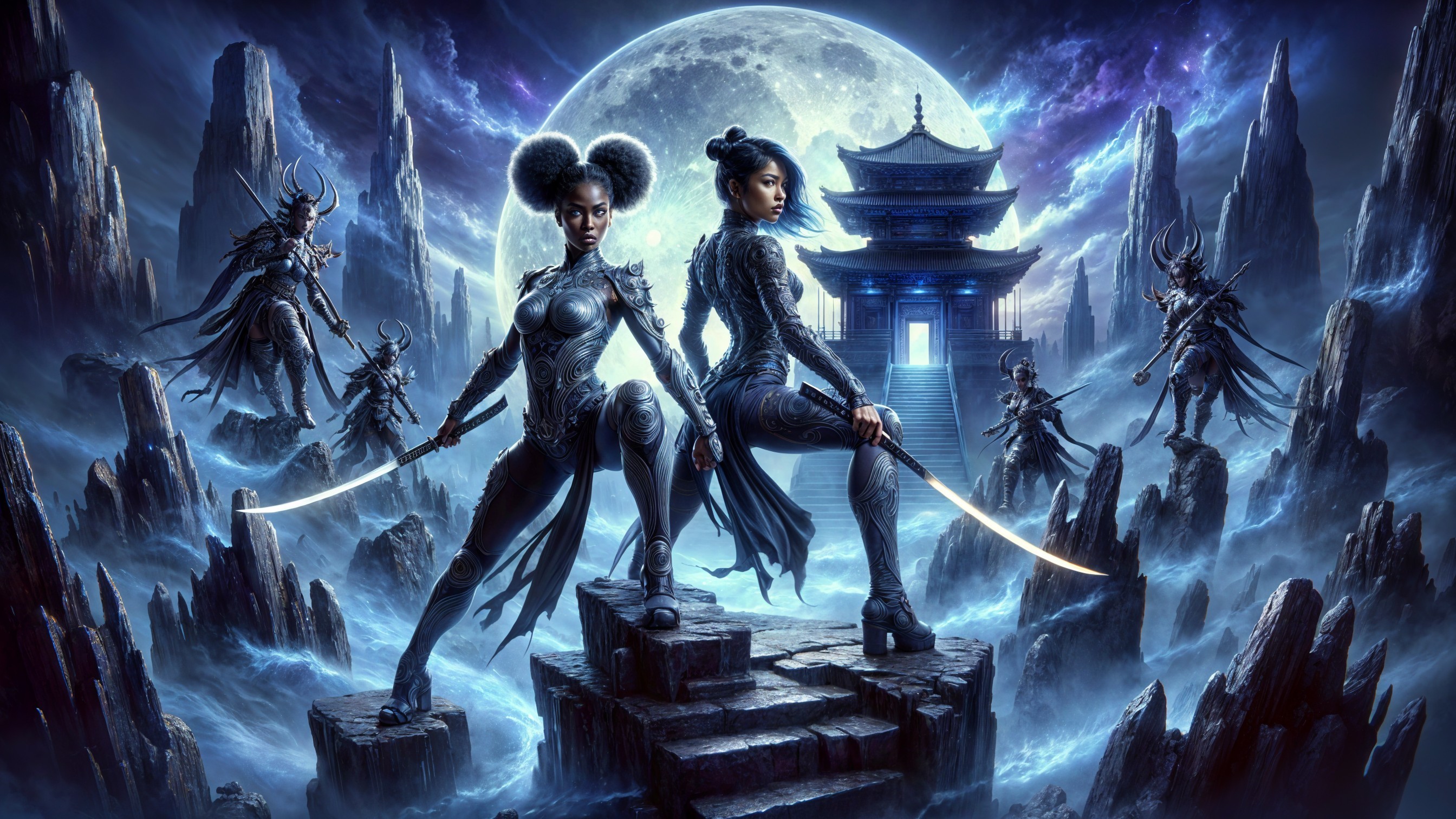 Warriors in Dark Armor on Moonlit Rocky Outcrop