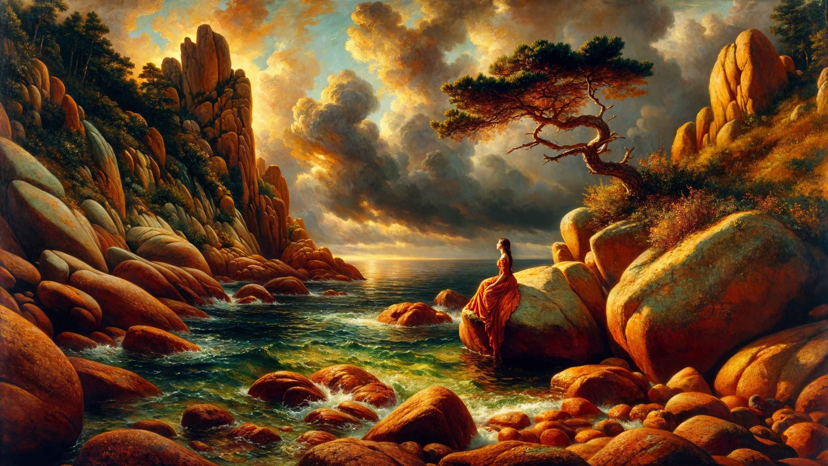 Coastal Scene with Woman in Red Dress and Cliffs