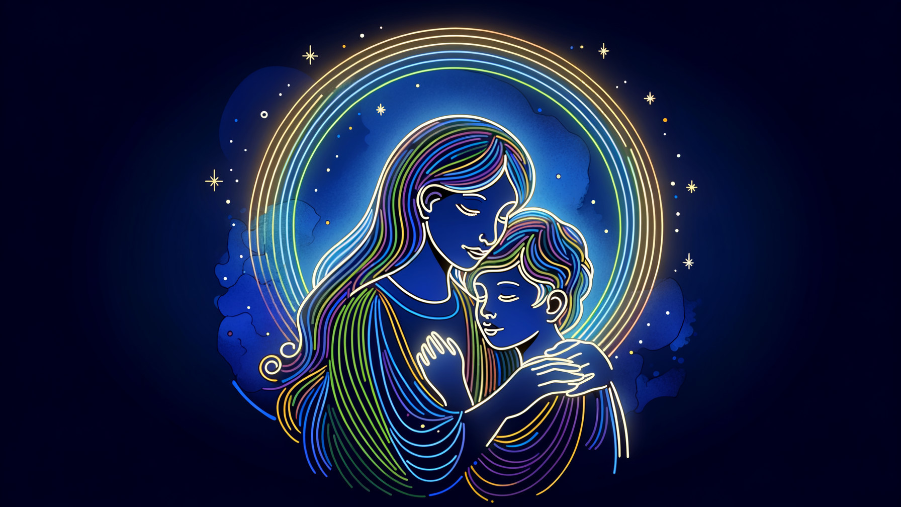 Colorful Neon Illustration of Mother and Child Embrace