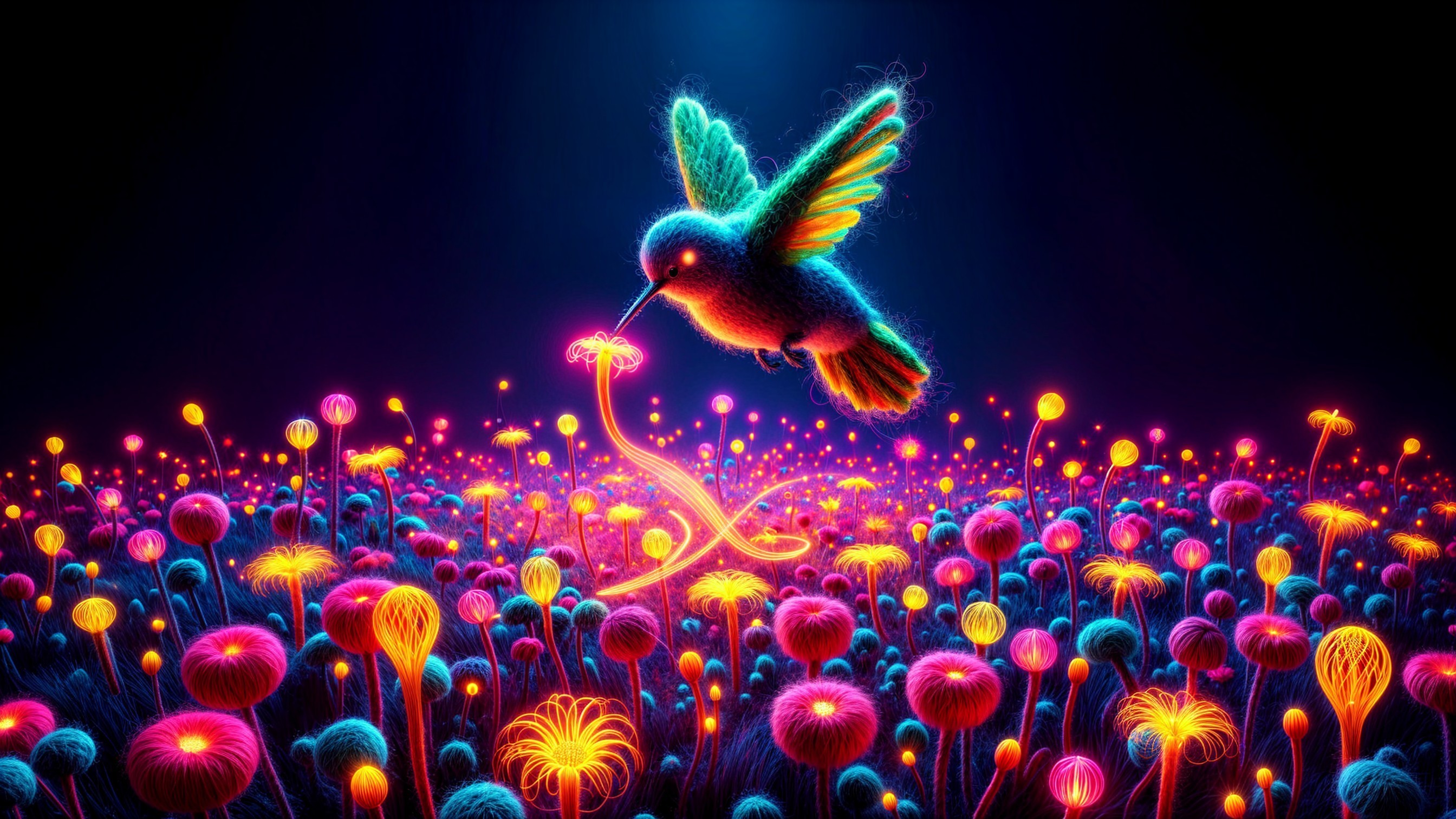 Surreal Hummingbird Over Colorful Glowing Flowers