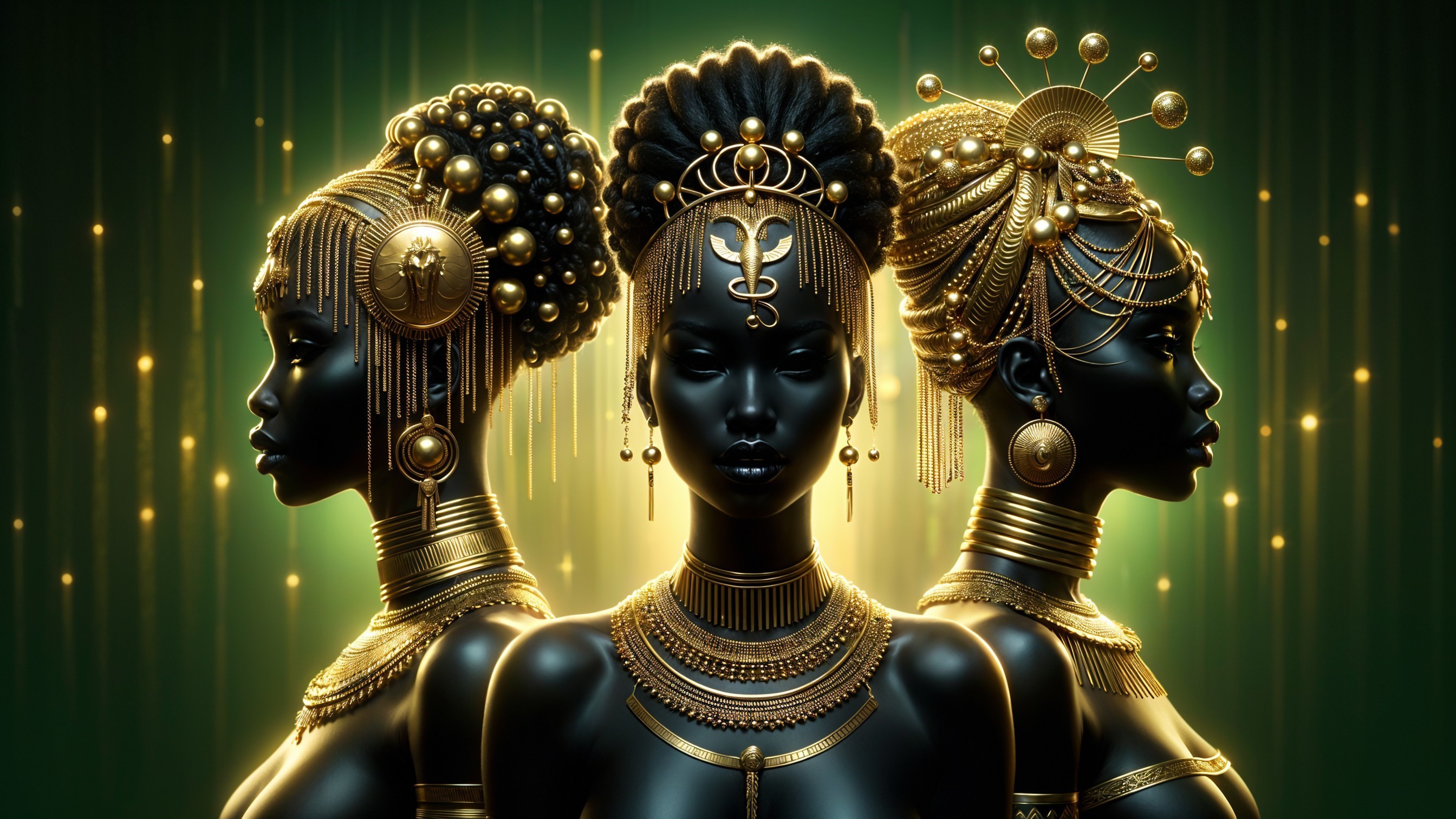 Three adorned figures with dark skin and gold jewelry
