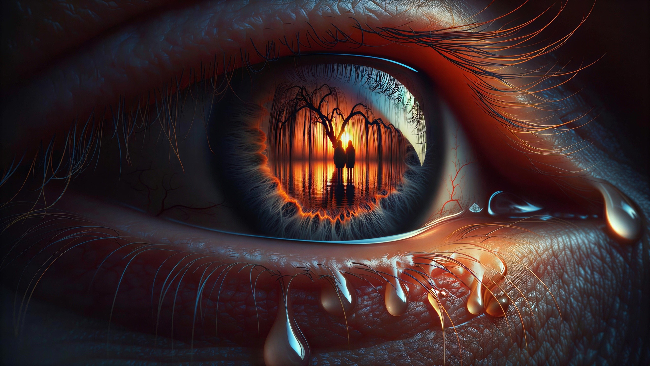 Close-Up of Human Eye with Sunset Reflection