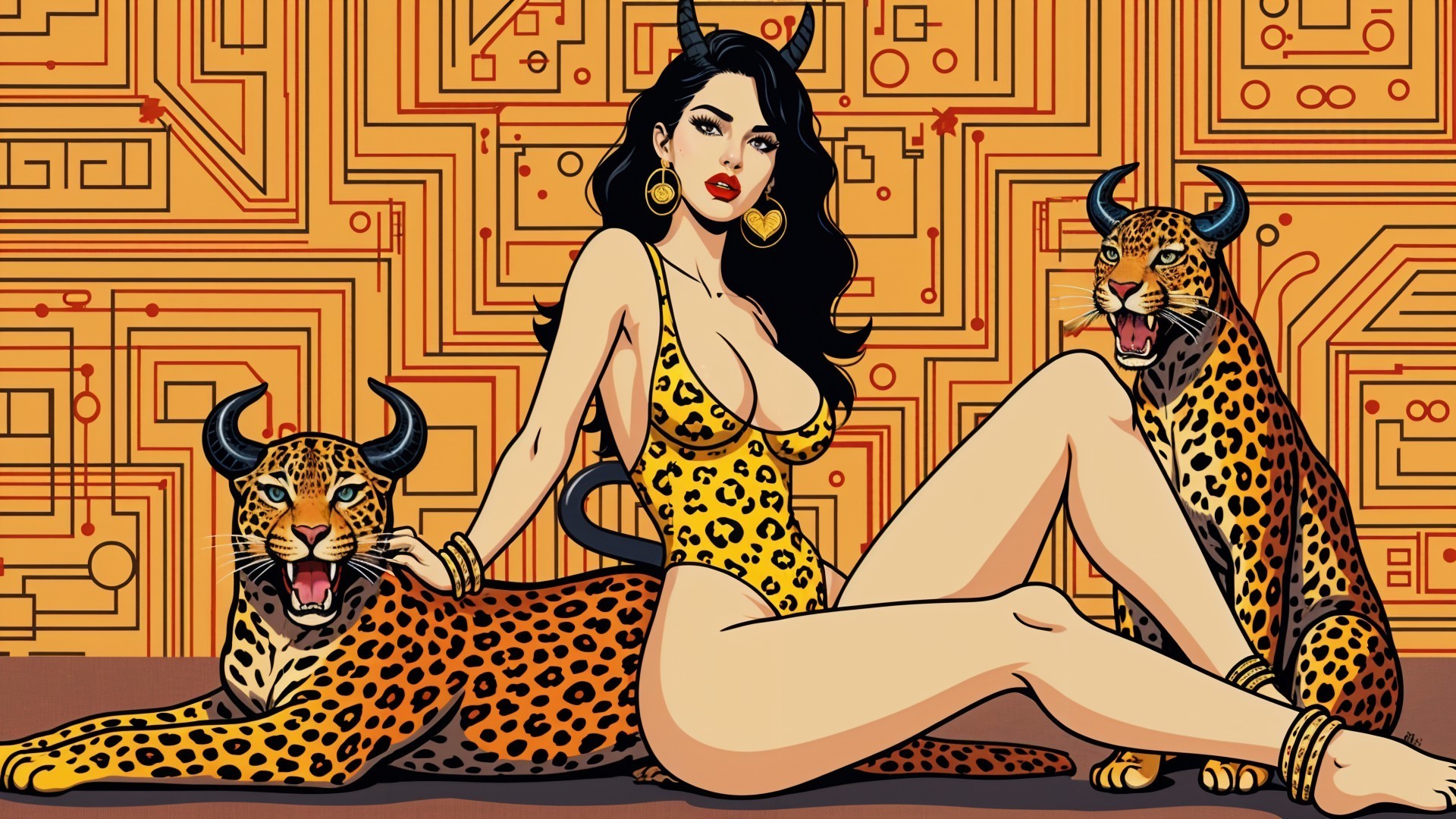 Glamorous Woman in Leopard Print Swimsuit with Leopards