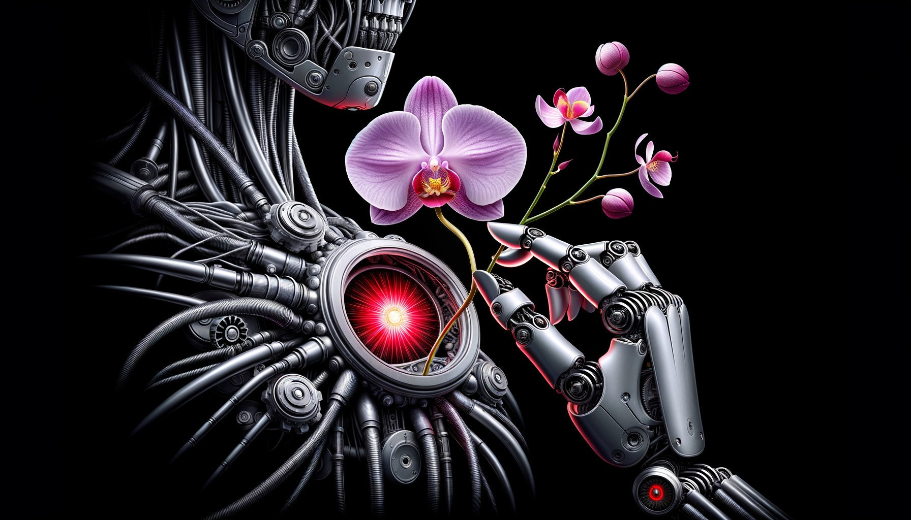 Futuristic Robotic Figure Holding an Orchid Flower