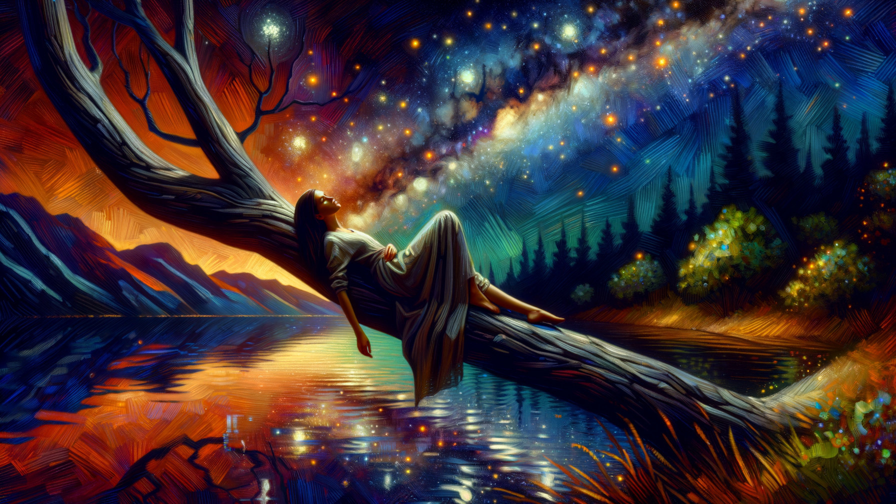 Woman Reclining on Tree Branch Under Starry Sky