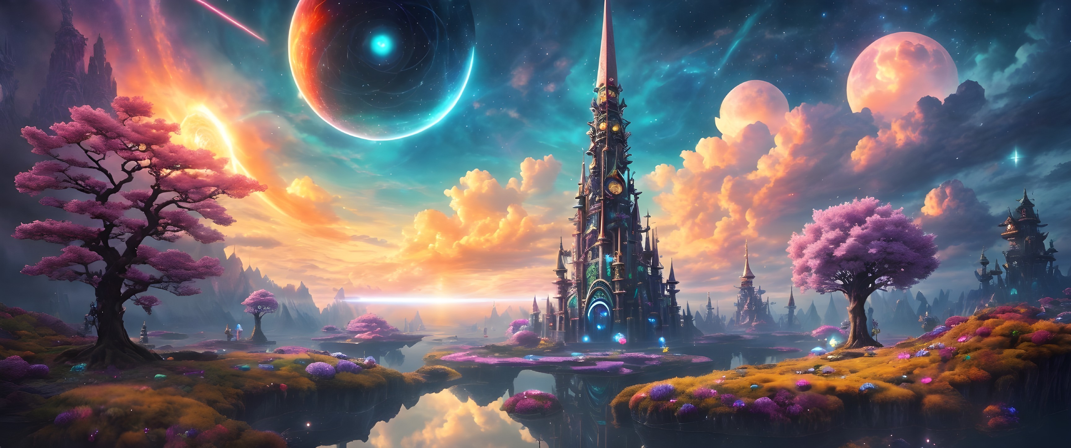 Futuristic sci-fi landscape with pink trees, tower, planets, and serene water.