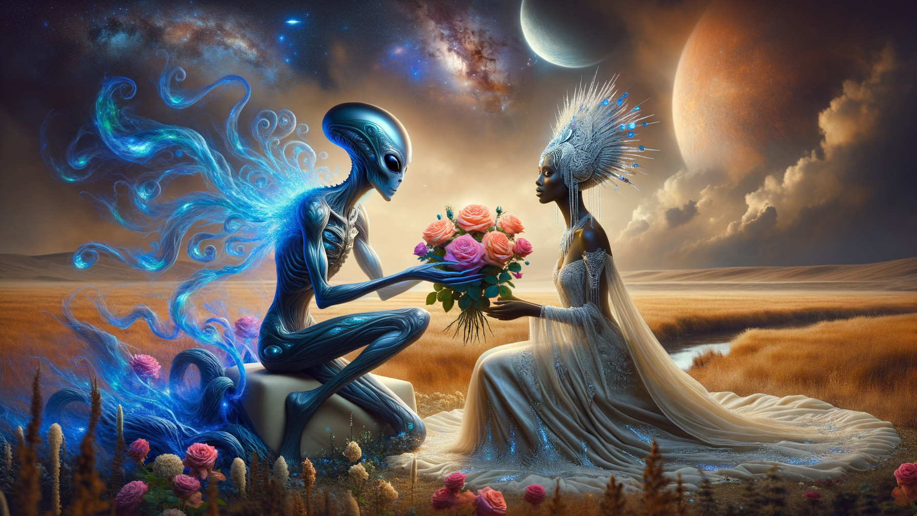 Surreal Cosmic Landscape with Alien and Regal Woman